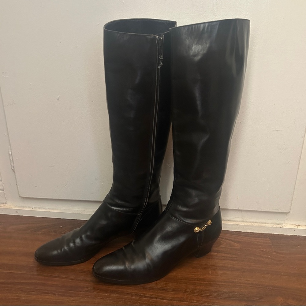 Salvatore Ferragamo Black Riding Boots with Gold Accents